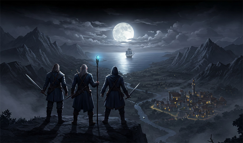 Epic Scene Epic scene of adventurers on a cliff looking down a valley toward the sea.